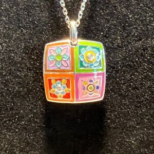 Hand Painted Italian Enamel Pendant with pave-set stones.